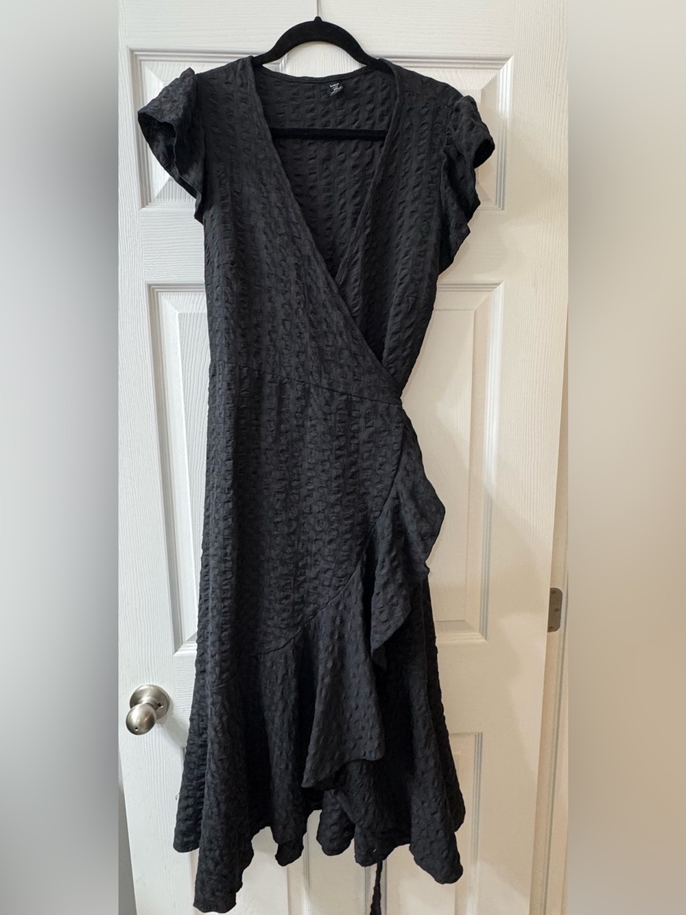 Black Textured Ruffle Wrap Midi Dress